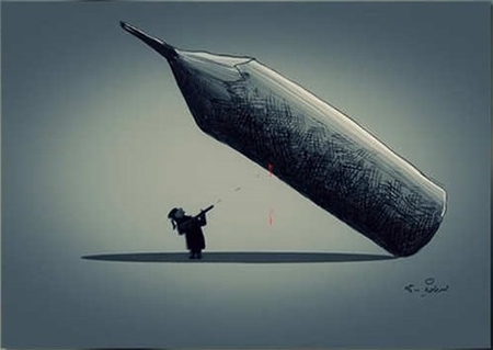 un terrorista dispara contra un lápiz gigante que acabará cayendo sobre él Irán acoge un concurso de caricaturas contra Daesh